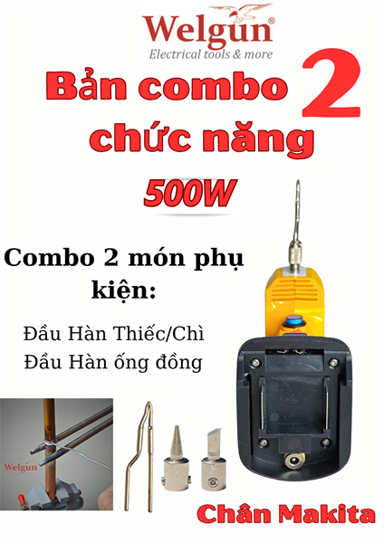 Combo mỏ hàn xung thông minh 500W, Máy hàn ống đồng Welgun WS-1500-PN, dùng Pin, nặng 550g - Makita 2 phụ kiện